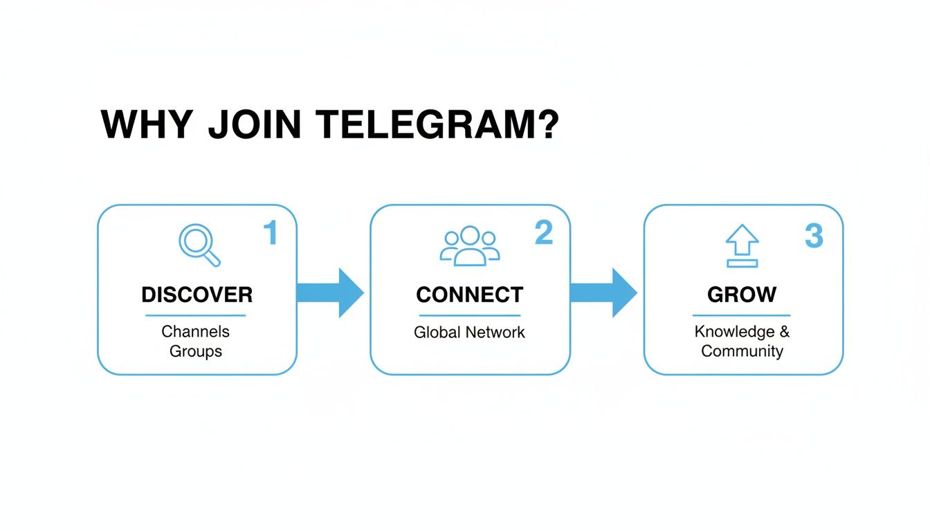 Diagram showing three steps to join Telegram: Discover channels/groups, Connect globally, and Grow knowledge/community.