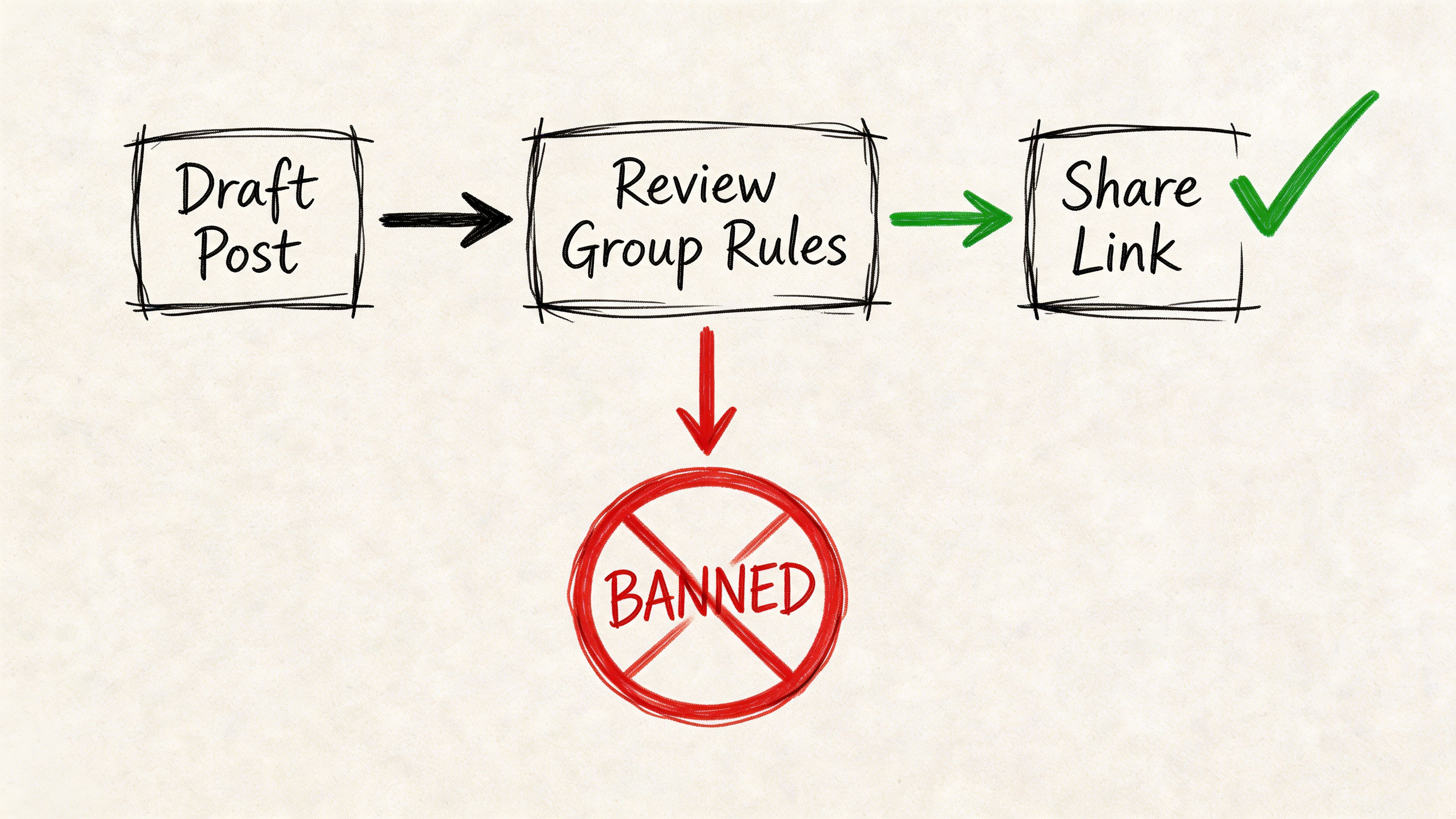 A flow chart illustrating the process of reviewing telegram group rules before sharing a link to avoid being banned.