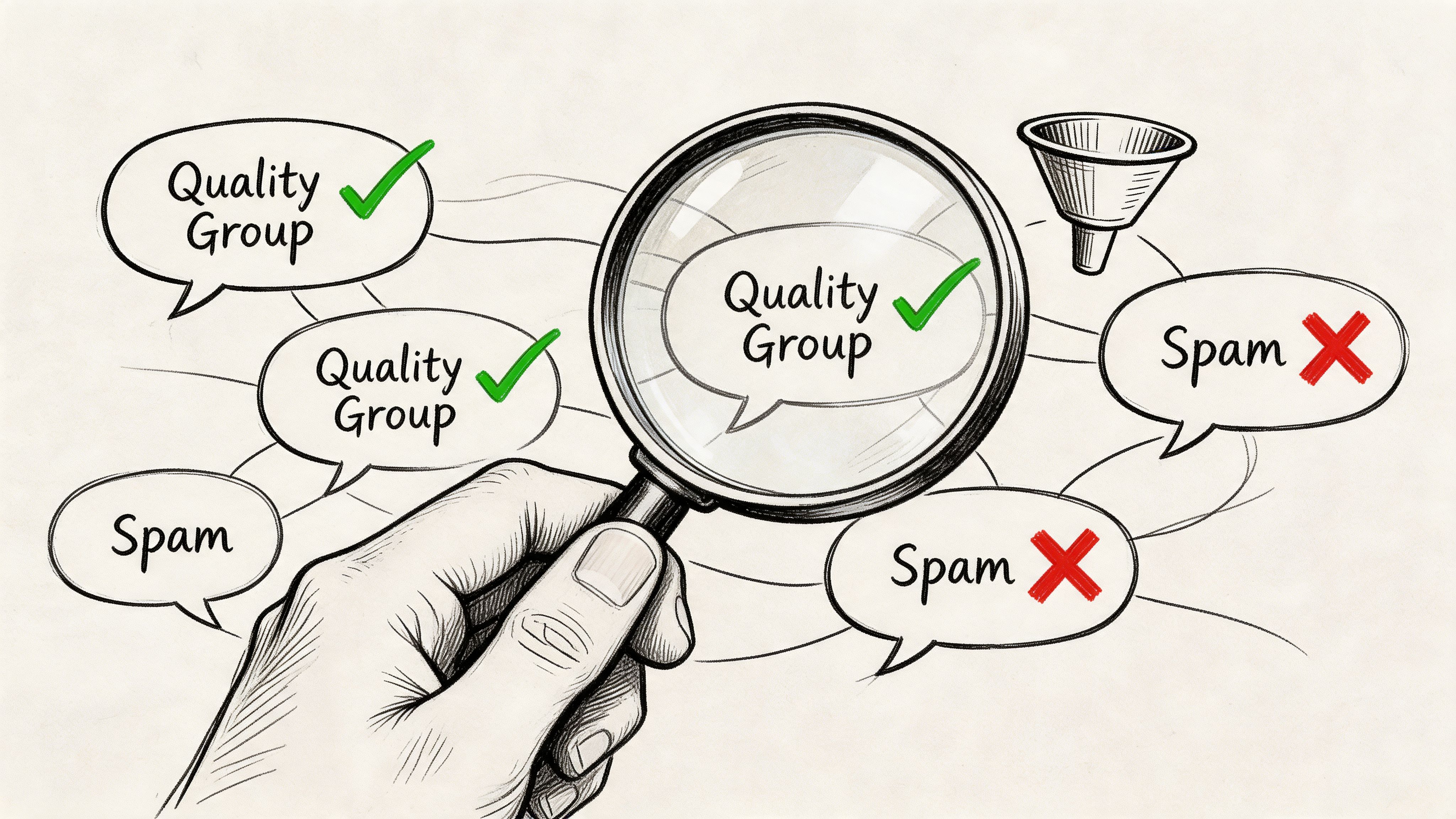 A hand holds a magnifying glass over a quality group chat bubble, filtering spam from telegram groups.