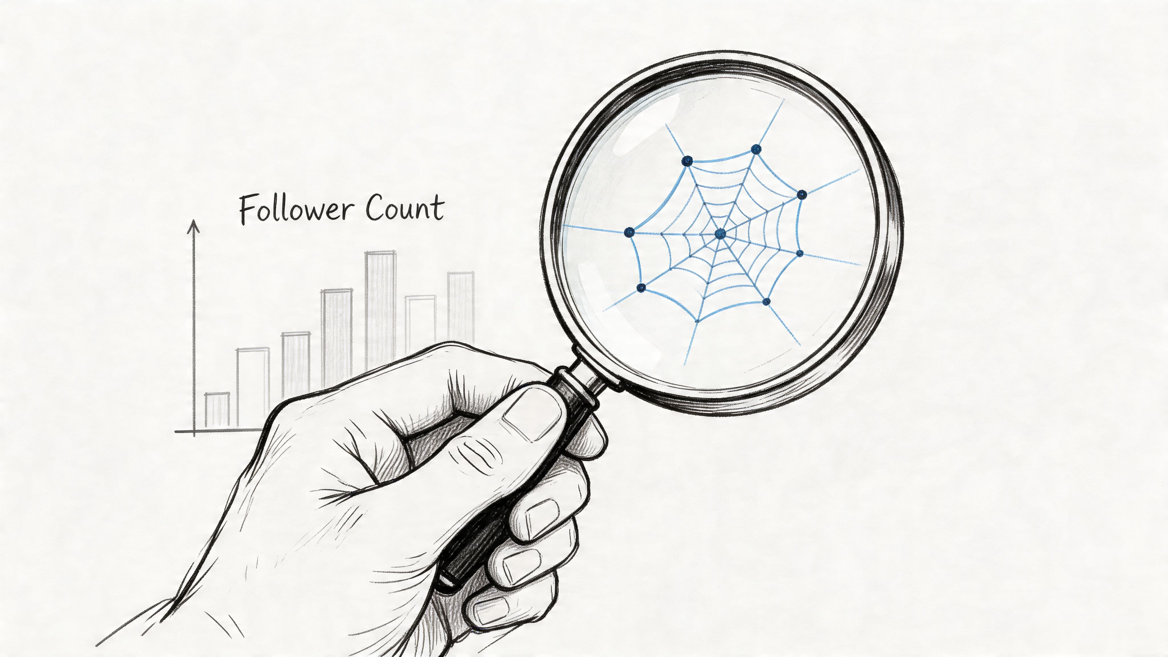 A hand holding a magnifying glass over a spider web with a follower count bar graph behind.