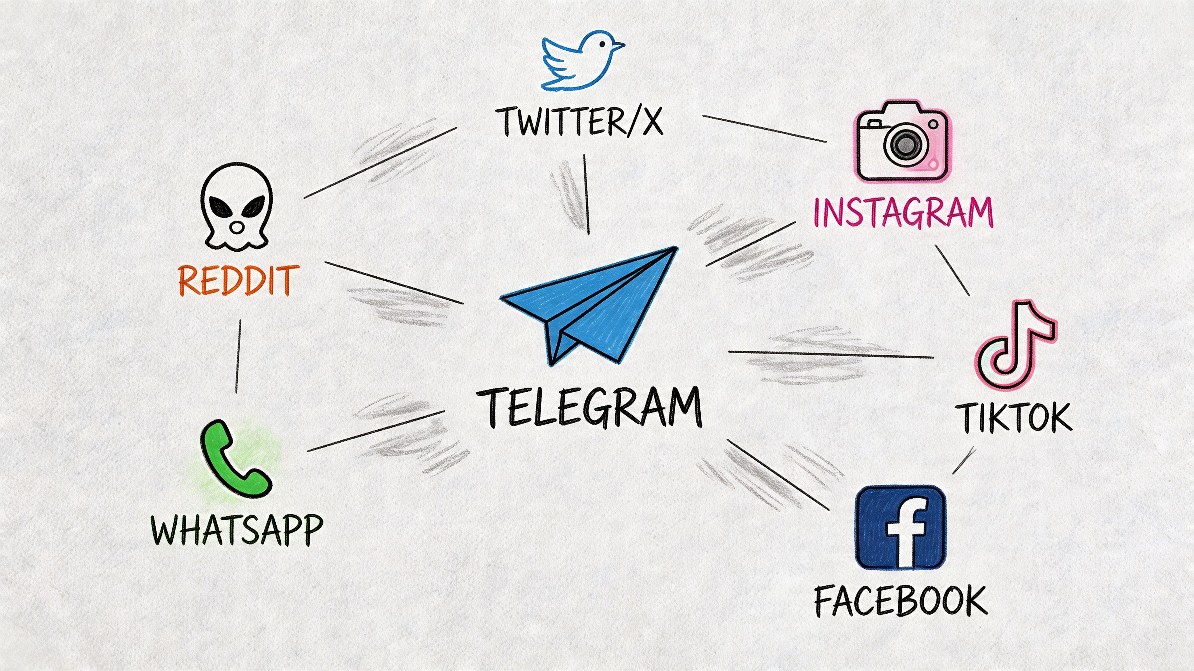 A hand-drawn network diagram connecting the Telegram paper plane icon to other major social media platforms.
