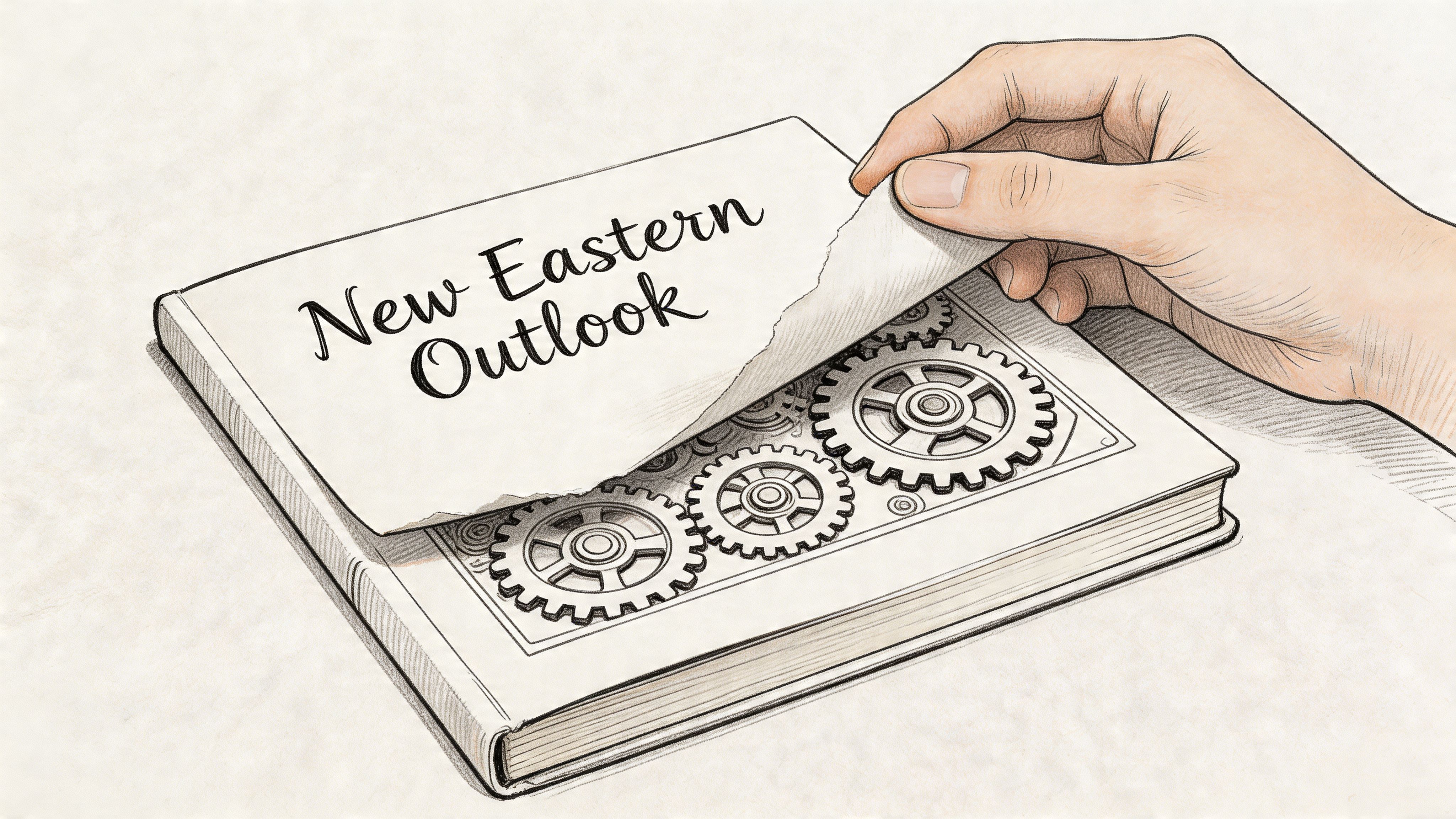 A hand peeling back a page titled New Eastern Outlook to reveal complex clockwork gears underneath.