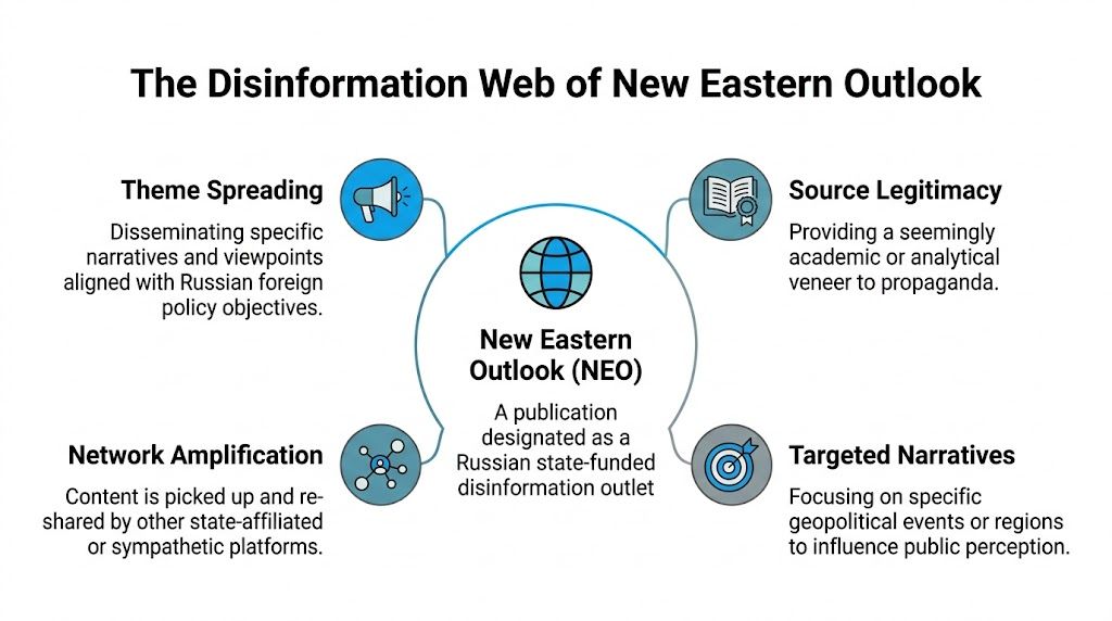 A diagram explaining the disinformation tactics used by the Russian state-funded publication New Eastern Outlook.