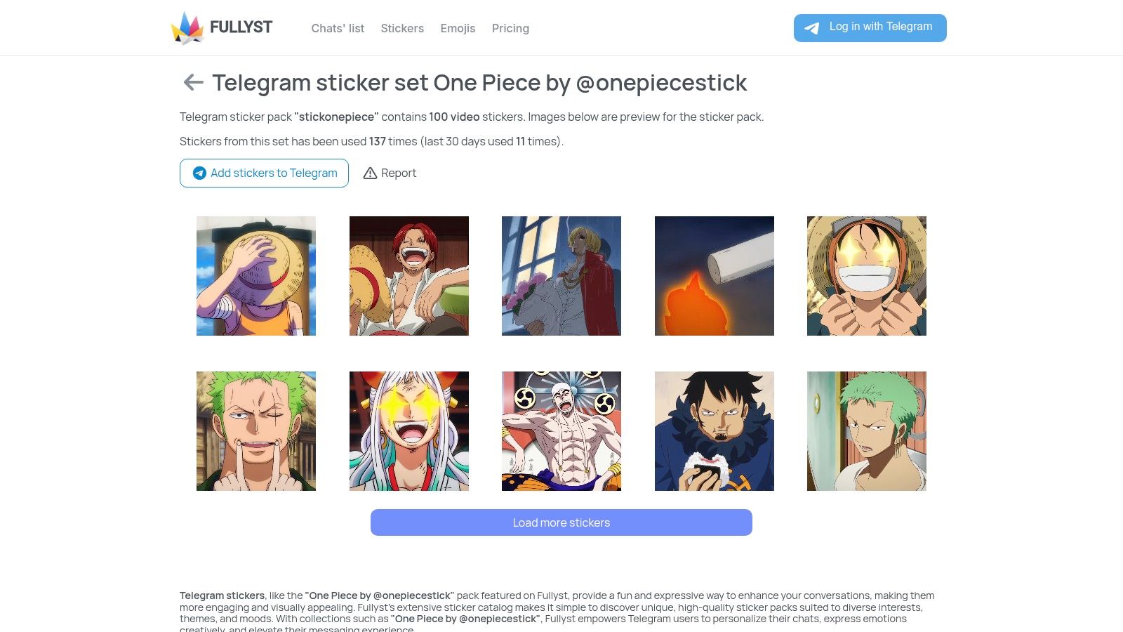 A detailed view of the "One Piece by @onepiecestick" sticker pack on Fullyst, showing previews and usage data.
