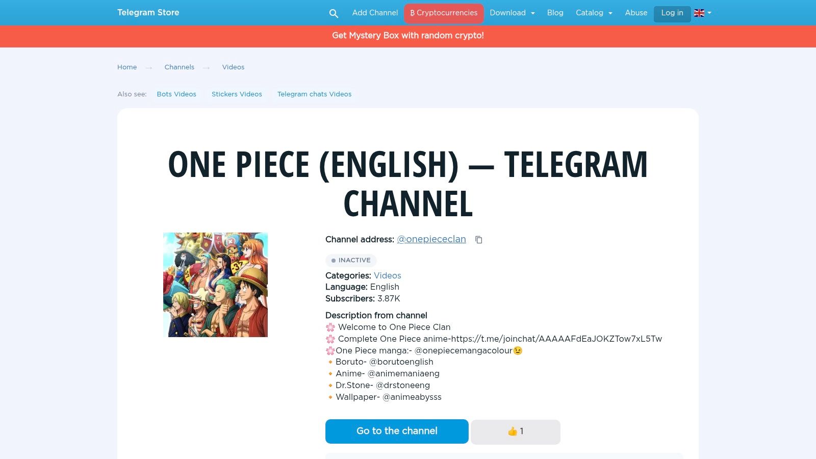 A directory listing for a One Piece Telegram channel on Telegram-Store.com, showing its subscriber count and a "Join" button.