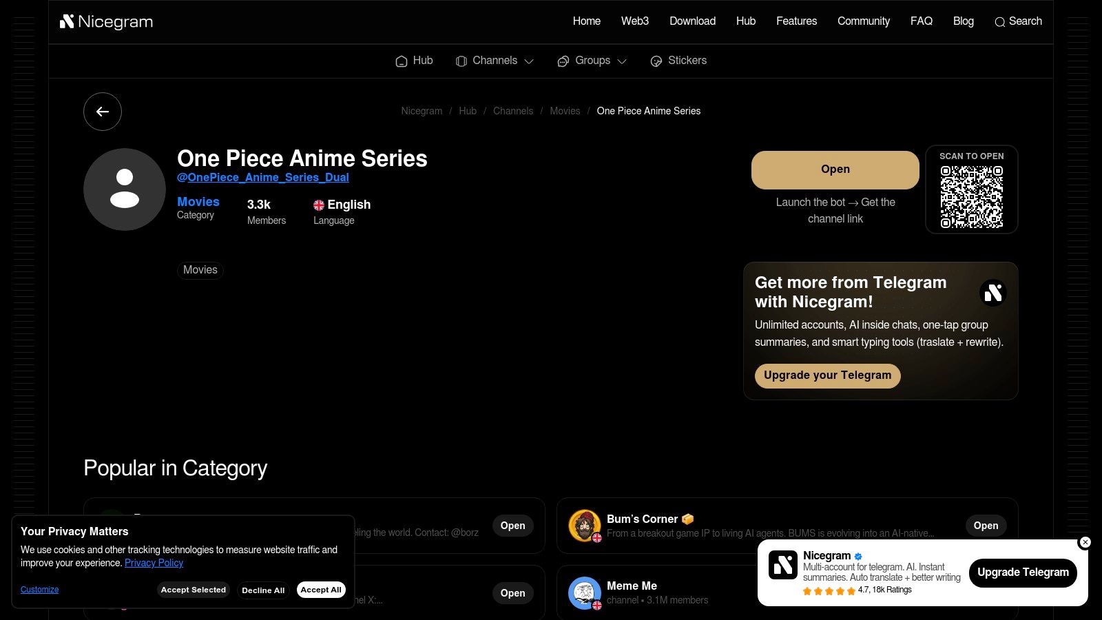 Nicegram Hub displaying a public profile for a One Piece Telegram channel, including member count and a launch button.