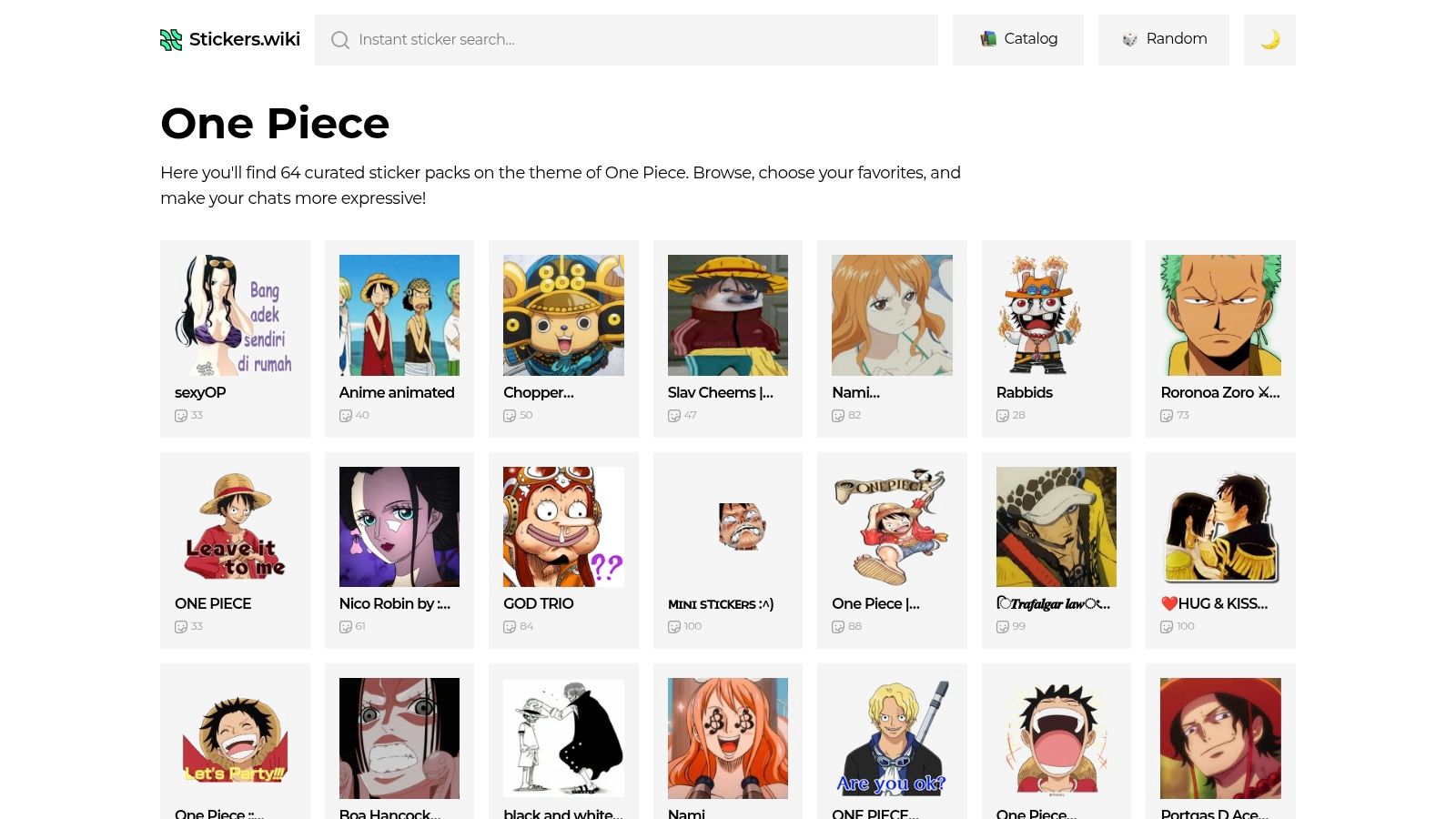 A gallery view of various One Piece themed sticker packs available for Telegram on Stickers.wiki