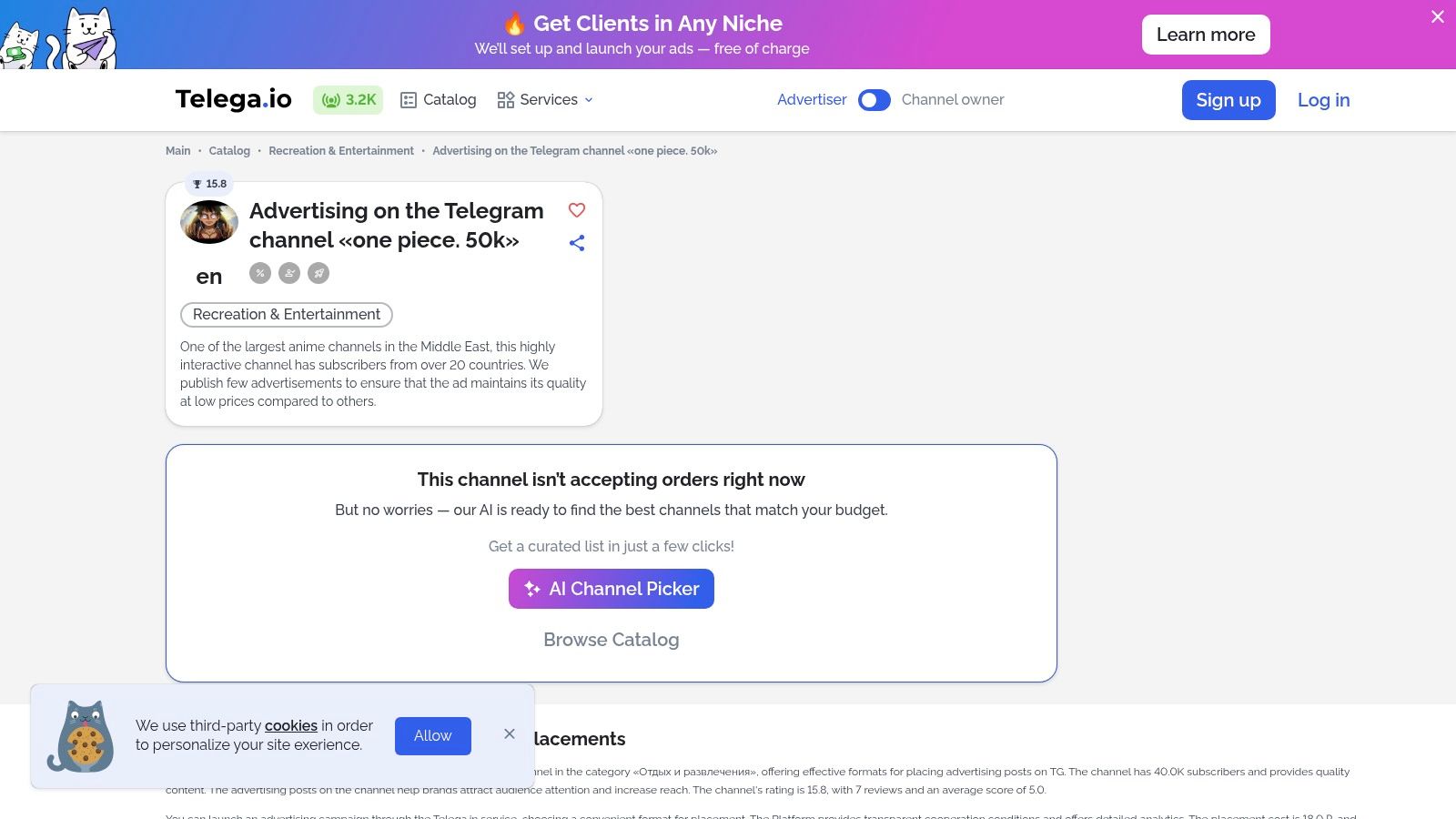 A detailed channel listing for an One Piece Telegram channel on the Telega.io ad marketplace
