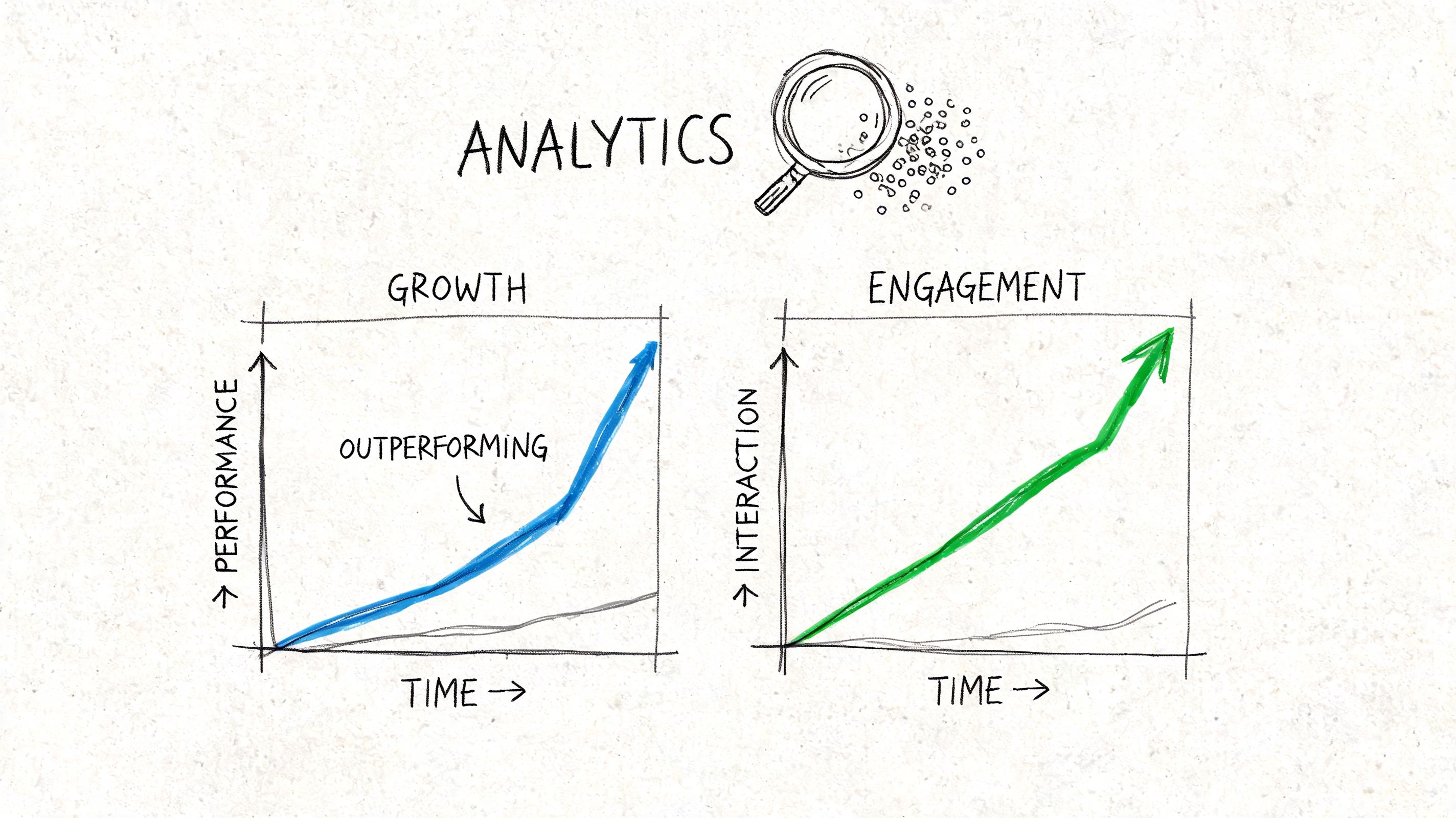 A hand-drawn illustration showing growth and engagement analytics charts with increasing performance trends over time.