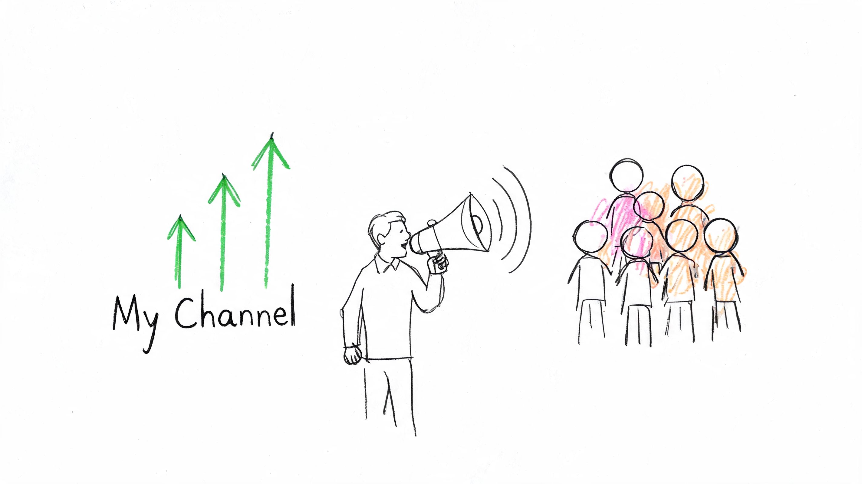 A hand-drawn illustration showing a person using a megaphone to reach an audience to promote their channel.
