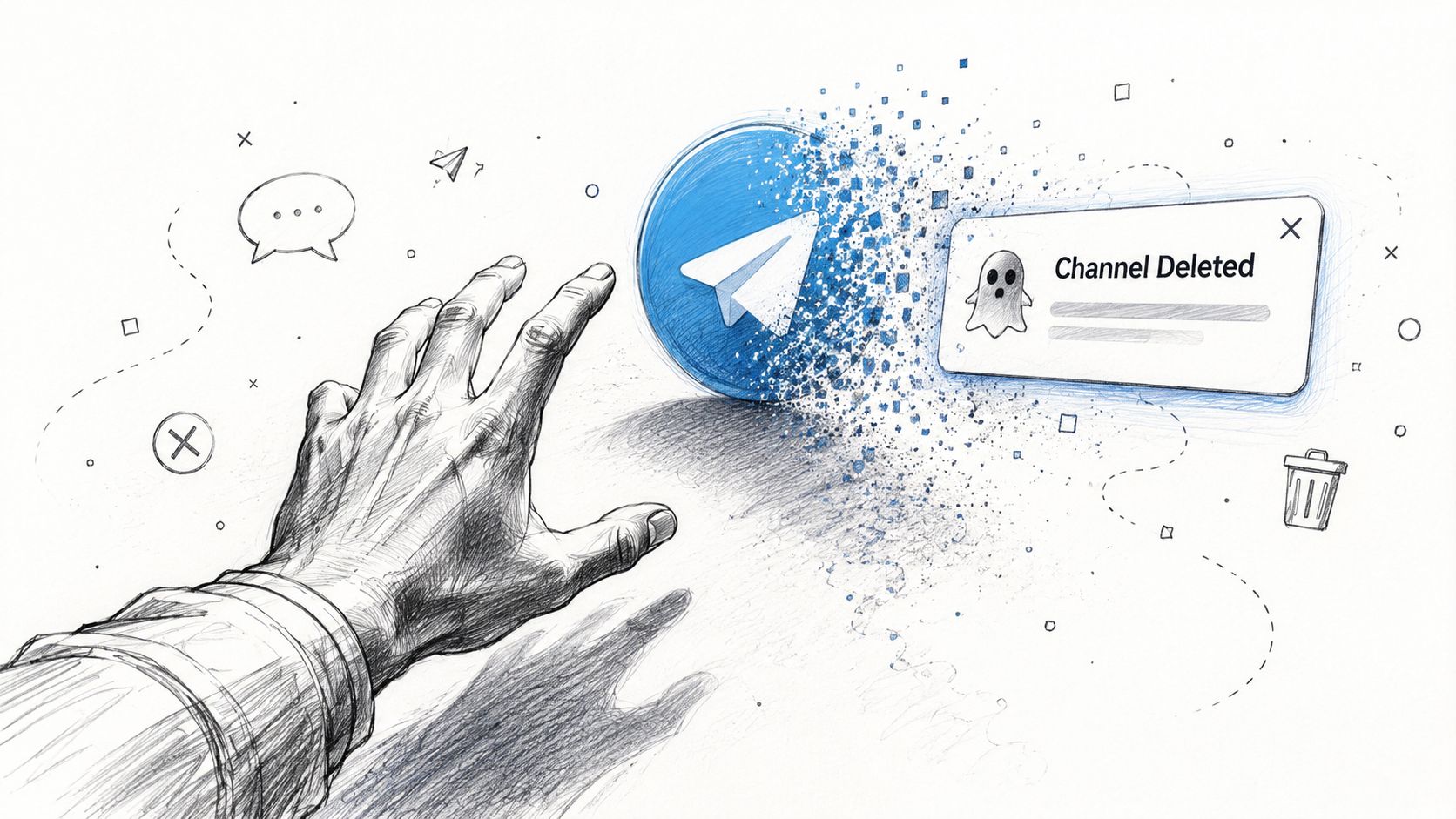 A hand reaching towards a disintegrating Telegram logo with a notification bubble stating Channel Deleted.