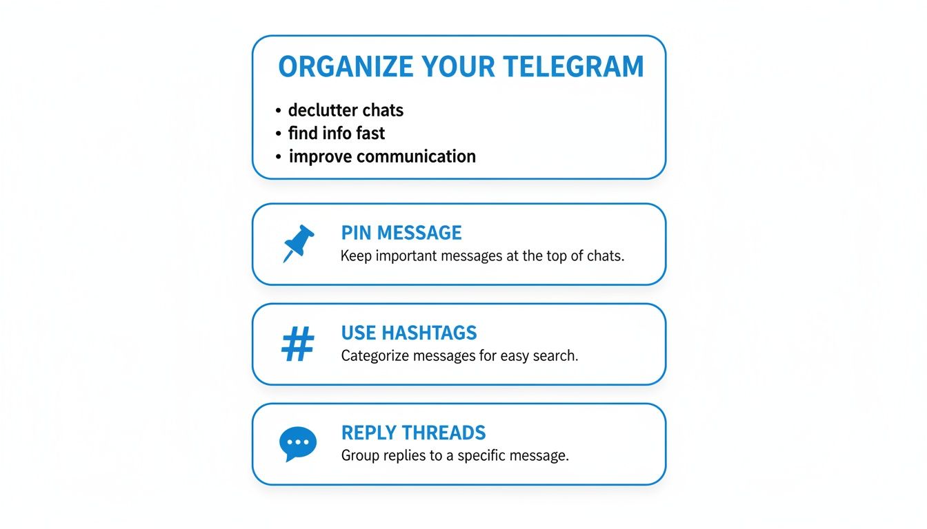 A visual guide outlining tips to organize Telegram chats, including pinning messages and using hashtags.