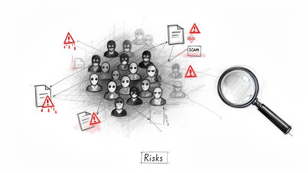 Illustration of a network of anonymous individuals, warning signs, scam documents, and a magnifying glass, depicting online risks.