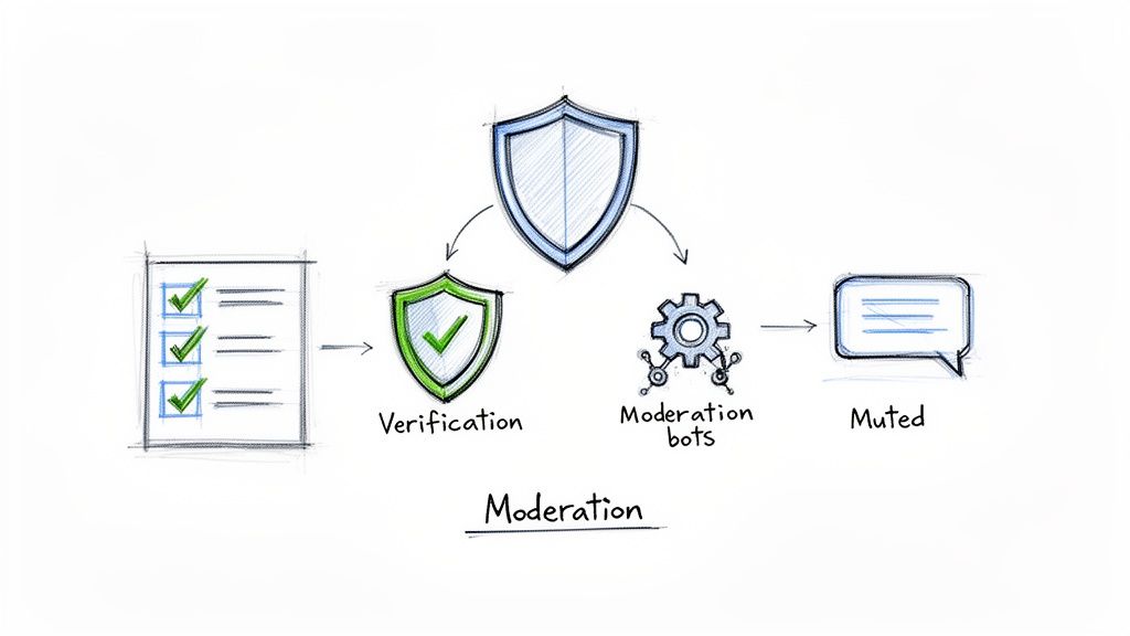 Diagram showing a moderation process from verification and moderation bots leading to a muted status.