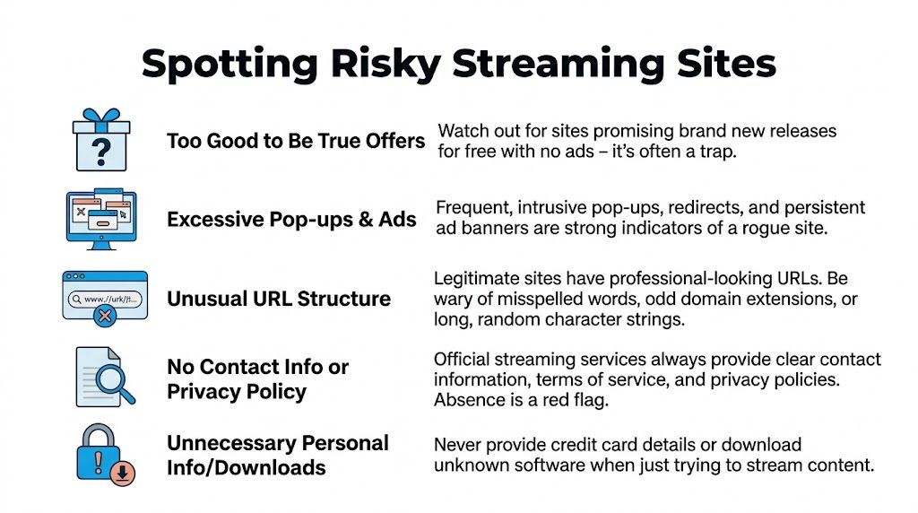 An infographic titled Spotting Risky Streaming Sites detailing five red flags to identify malicious websites.
