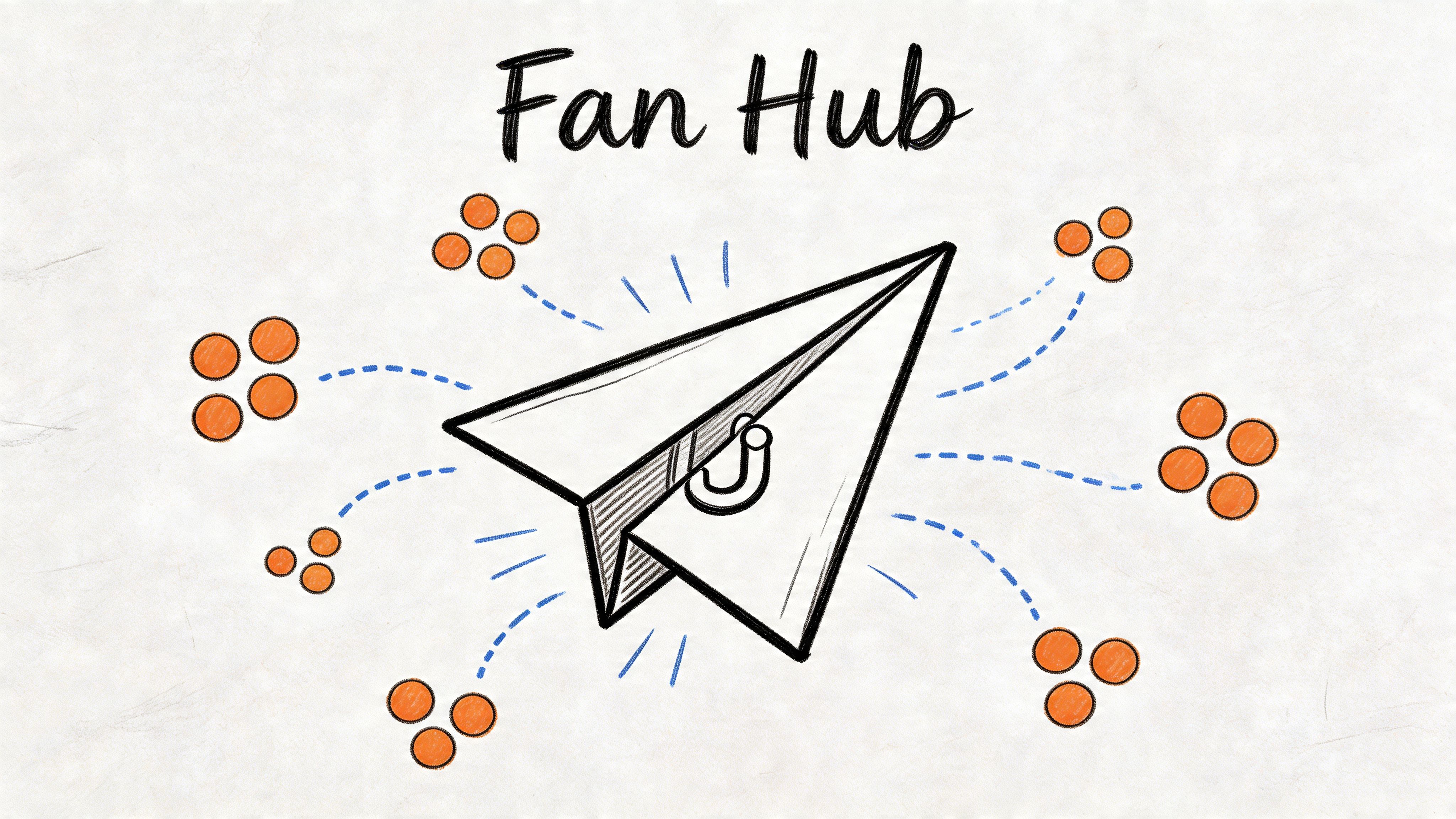 A hand-drawn illustration of a paper airplane labeled Fan Hub with orange circles and connection lines.