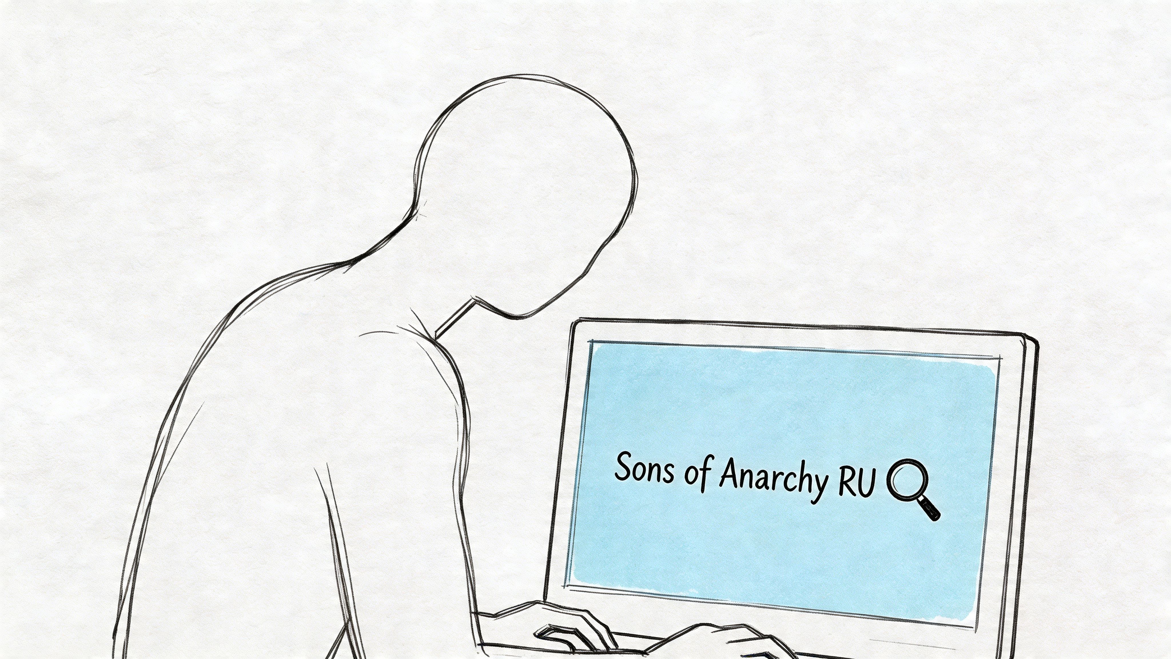 A minimalist line-art illustration of a person typing into a laptop showing a search query.