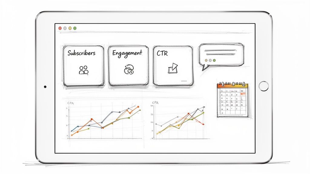 A sketched tablet displays a marketing analytics dashboard with metrics for subscribers, engagement, CTR, and CPA graphs.