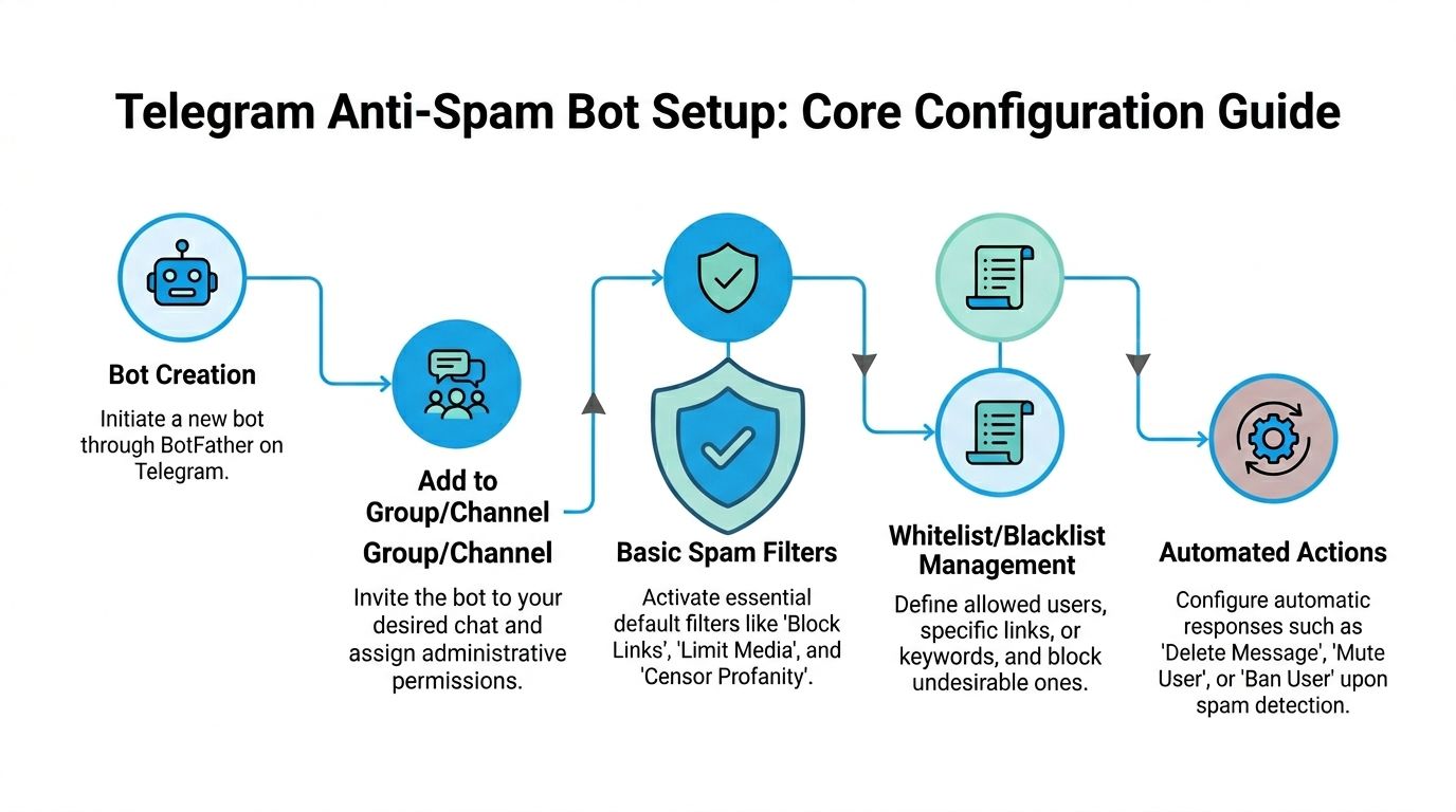 An infographic showing the five steps to setting up a Telegram anti-spam bot for group management.