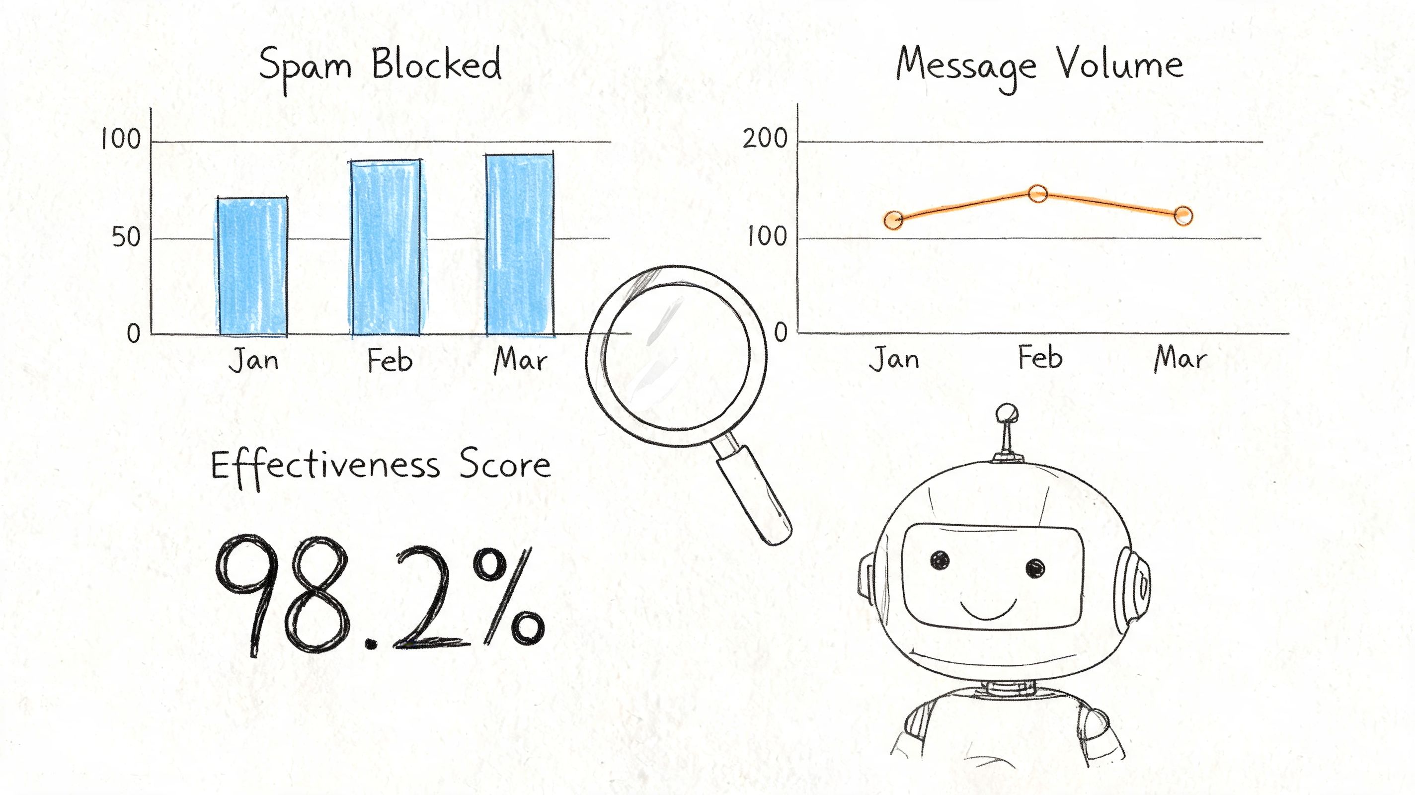 A hand-drawn illustration showing spam statistics, message volume trends, an effectiveness score, and a cute robot.