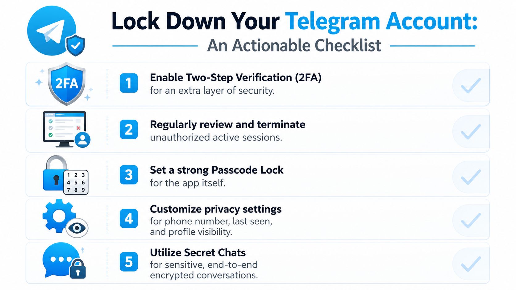 A five-step checklist infographic for locking down and securing your Telegram messenger account for better privacy.