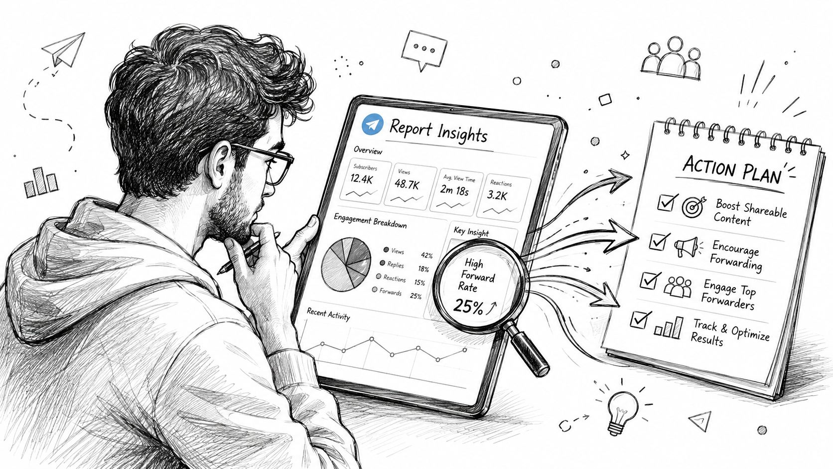 Key metrics in a Telegram channel activity report.