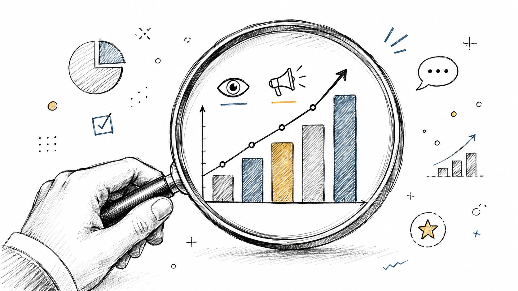 A hand holding a magnifying glass over a hand-drawn chart visualizing business growth and data analytics.