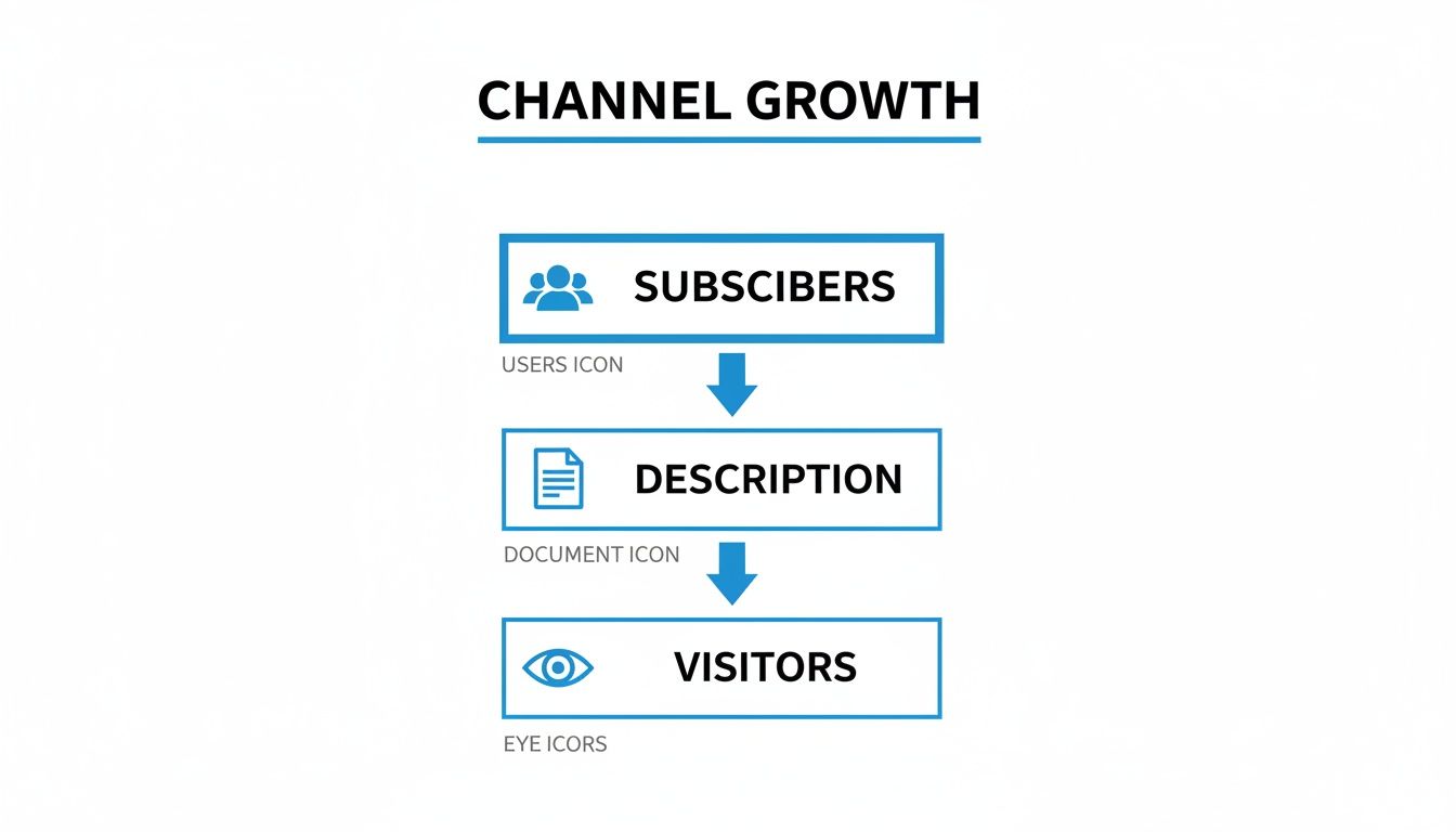 A flowchart titled 'Channel Growth' showing a process from 'Subscribers' to 'Description' to 'Visitors' with icons.