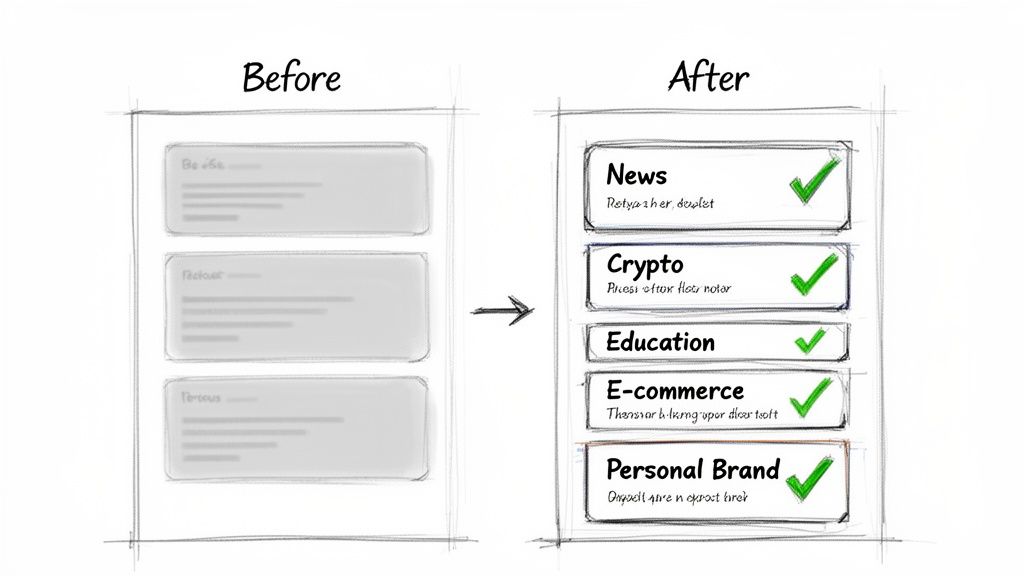 Before and after comparison: transforming blurred content blocks into clear, categorized options with checkmarks.