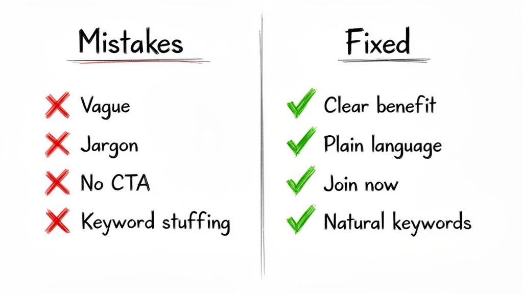 Chart comparing writing mistakes like jargon and keyword stuffing with improved, natural solutions.