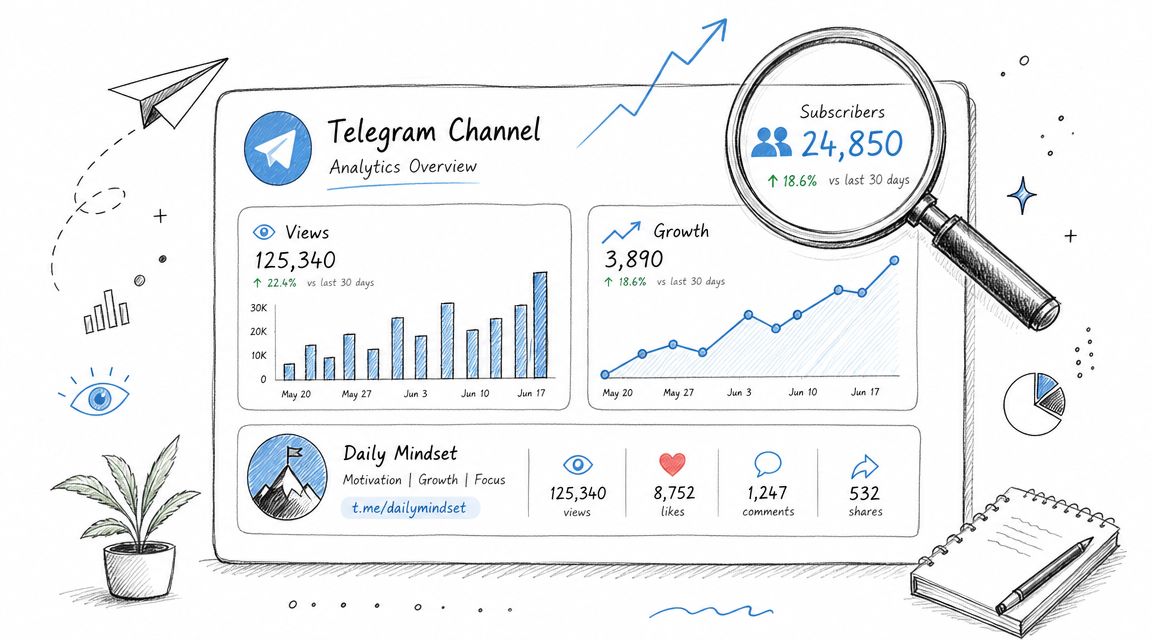 A hand-drawn illustration showing a Telegram channel analytics dashboard with charts, subscriber counts, and growth metrics.