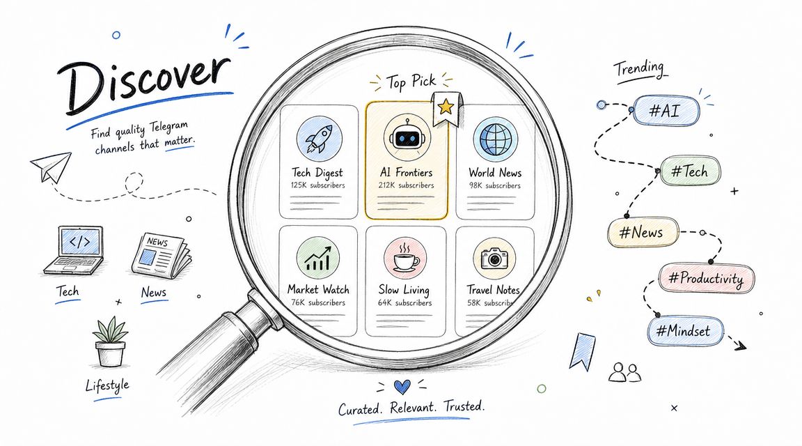A hand-drawn style illustration showing a magnifying glass searching for quality Telegram channels and trending hashtags.