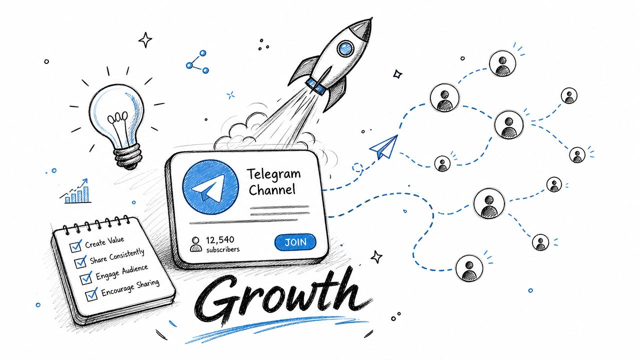 A hand-drawn illustration depicting a Telegram channel growing with rockets, light bulbs, and connected social network profiles.