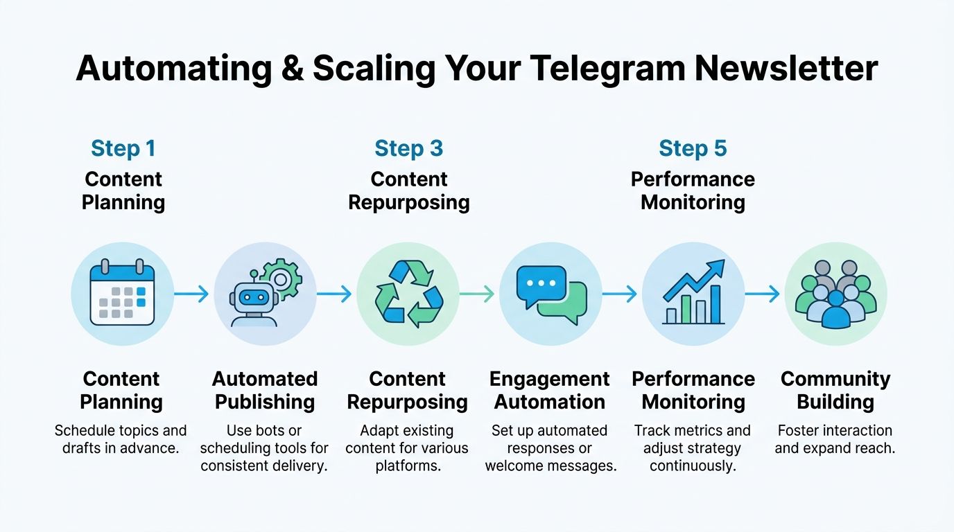 A diagram outlining a six-step workflow for automating and scaling a professional Telegram channel newsletter successfully.