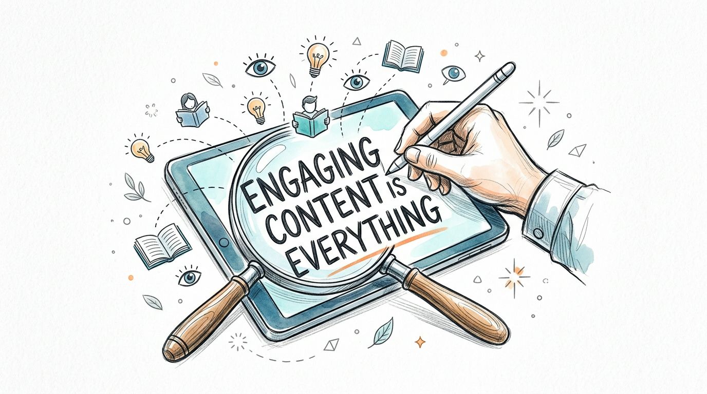 A hand using a digital pen on a tablet with text highlighting the importance of engaging content.