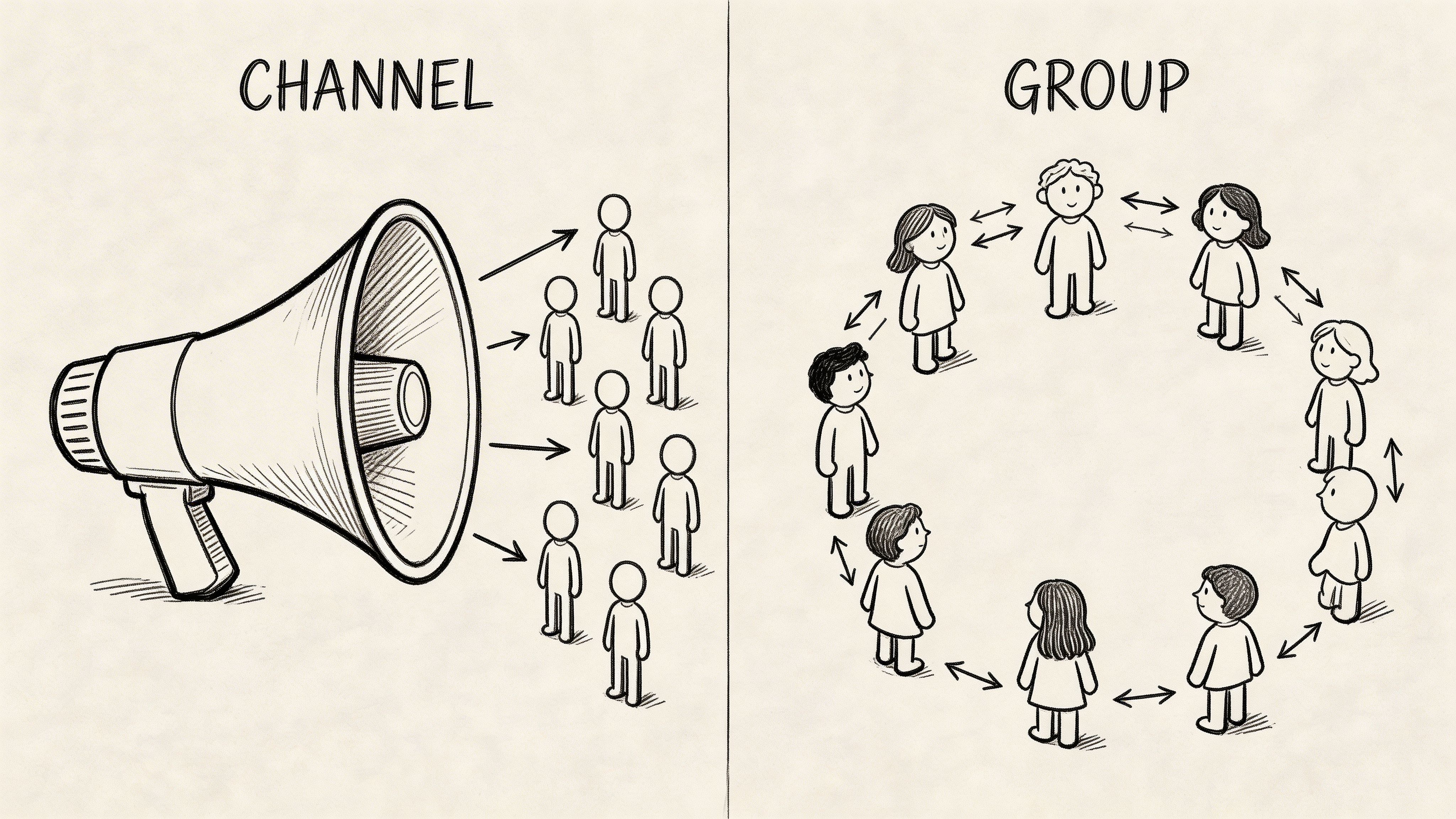 A conceptual diagram contrasting a one-way communication channel with a two-way collaborative group interaction.