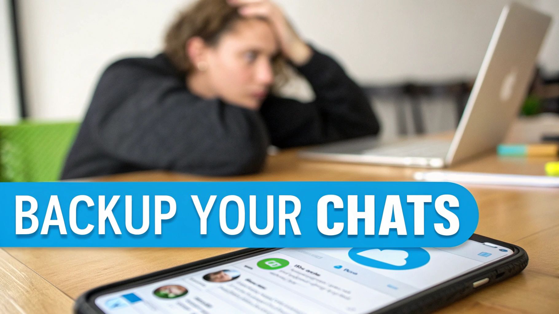 A worried person with a laptop, focusing on a smartphone displaying chat backup options and a "BACKUP YOUR CHATS" banner.