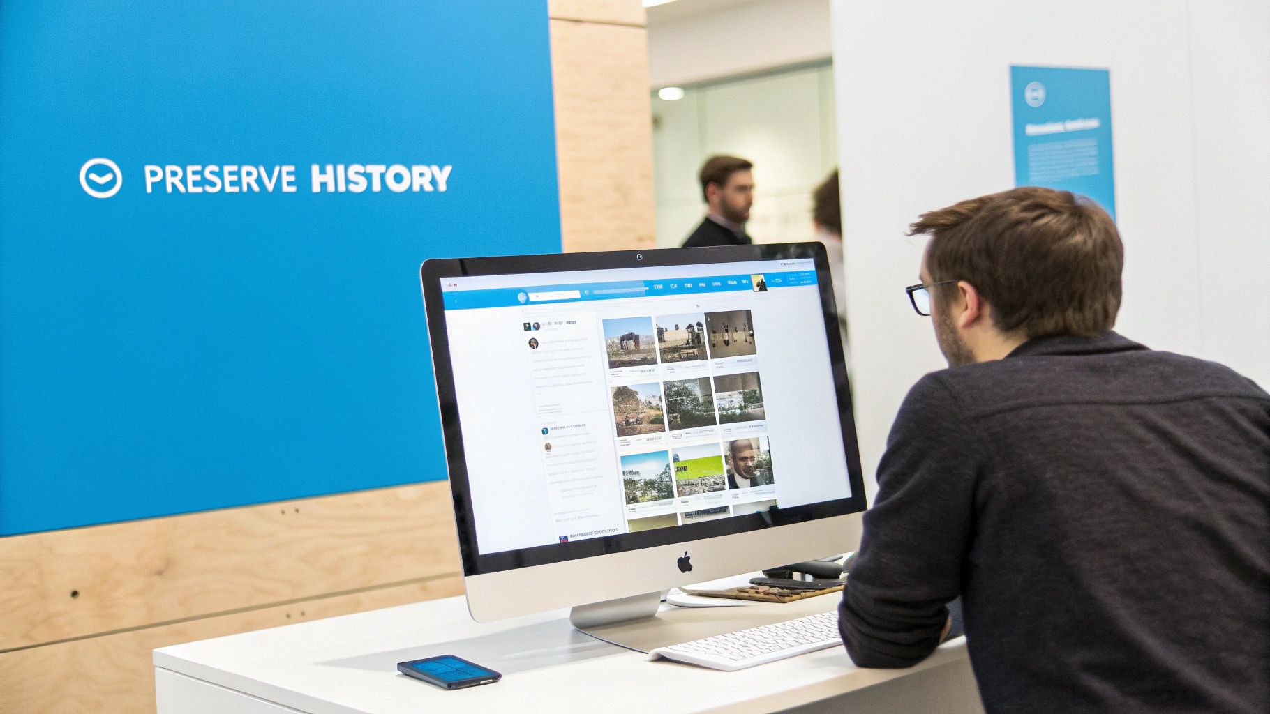 A person works on an Apple iMac computer, viewing a content feed, next to a 'PRESERVE HISTORY' sign.