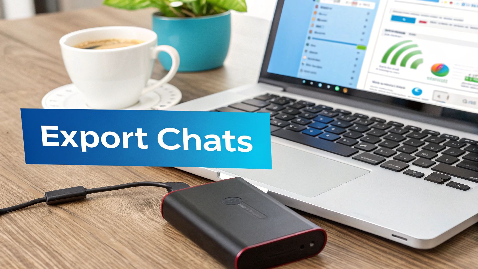 A banner reading 'Export Chats' is displayed over a laptop and an external hard drive, symbolizing data backup.