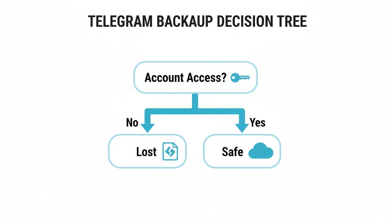 A Telegram backup decision tree flowchart showing steps for account access and data safety.