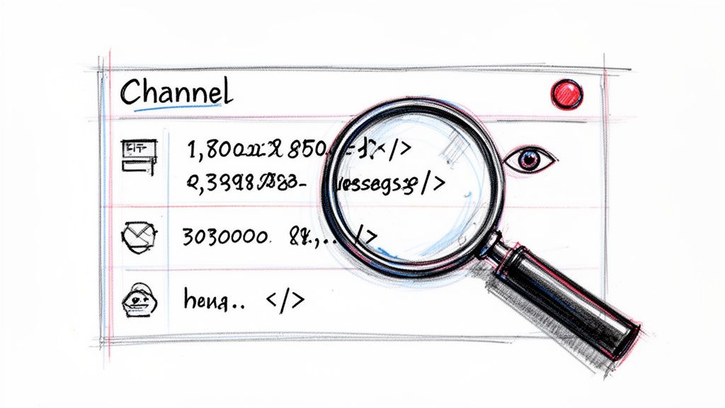 Hand-drawn sketch of a digital channel interface with a magnifying glass searching through messages.