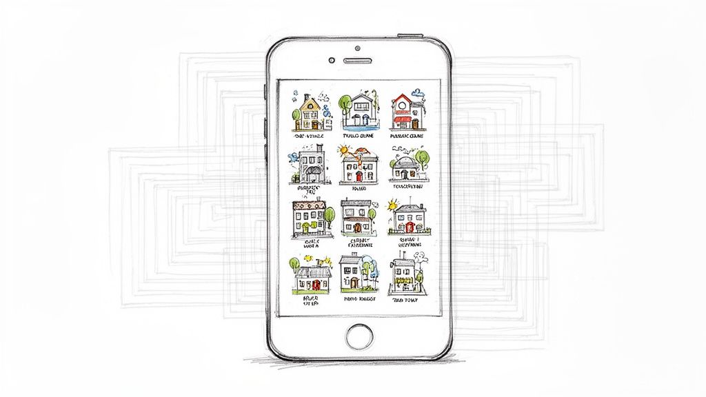 A hand-drawn smartphone displays a grid of colorful, cartoon houses with various designs and labels.