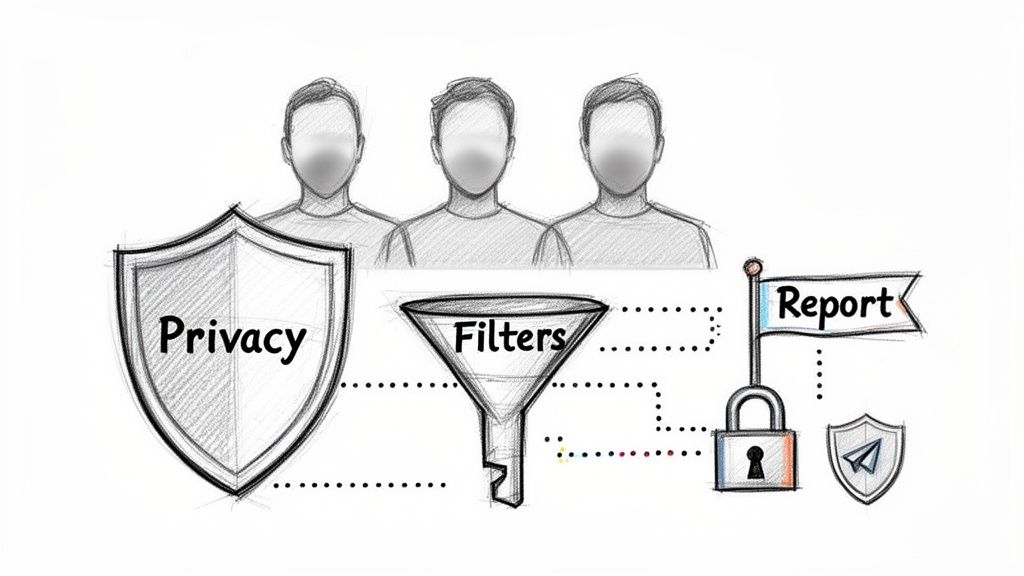 A sketch illustrating data privacy, content filters, and reporting mechanisms for online users with security symbols.