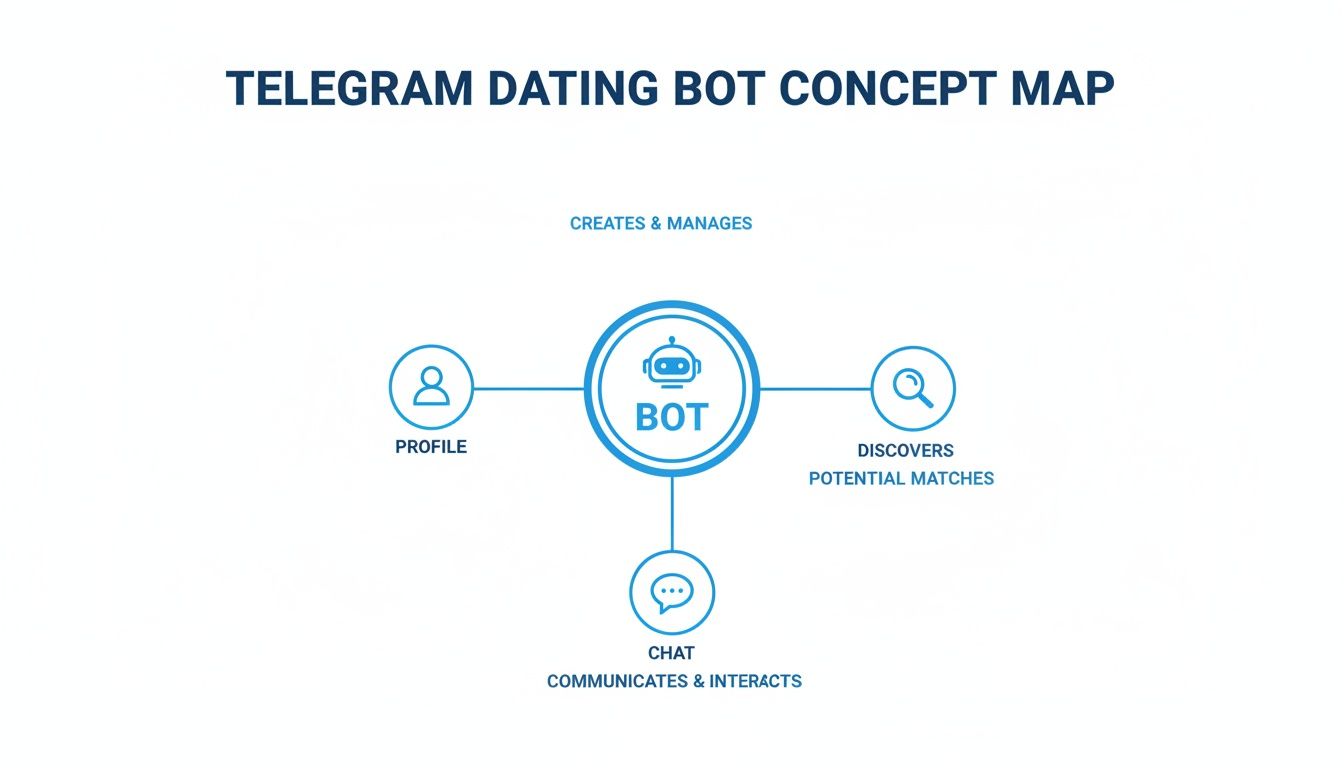 A concept map illustrating the Telegram dating bot's functions: creating profiles, discovering matches, and enabling chat.