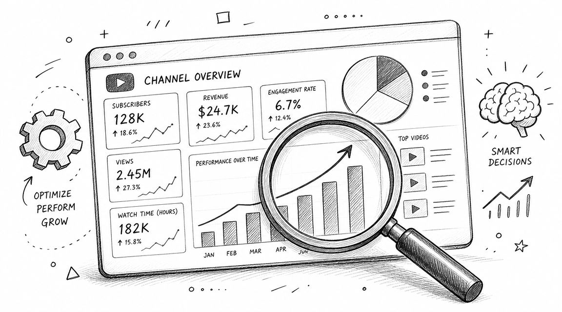 A hand-drawn sketch of a digital dashboard showing analytics, growth charts, and performance metrics for content creators.