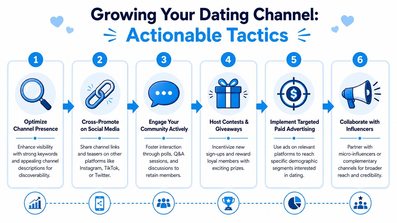 A six-step infographic on how to grow a dating channel through various actionable marketing tactics.