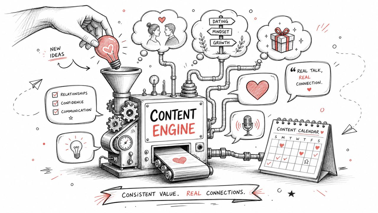 A hand placing a heart lightbulb into a content engine machine generating dating and relationship advice content.