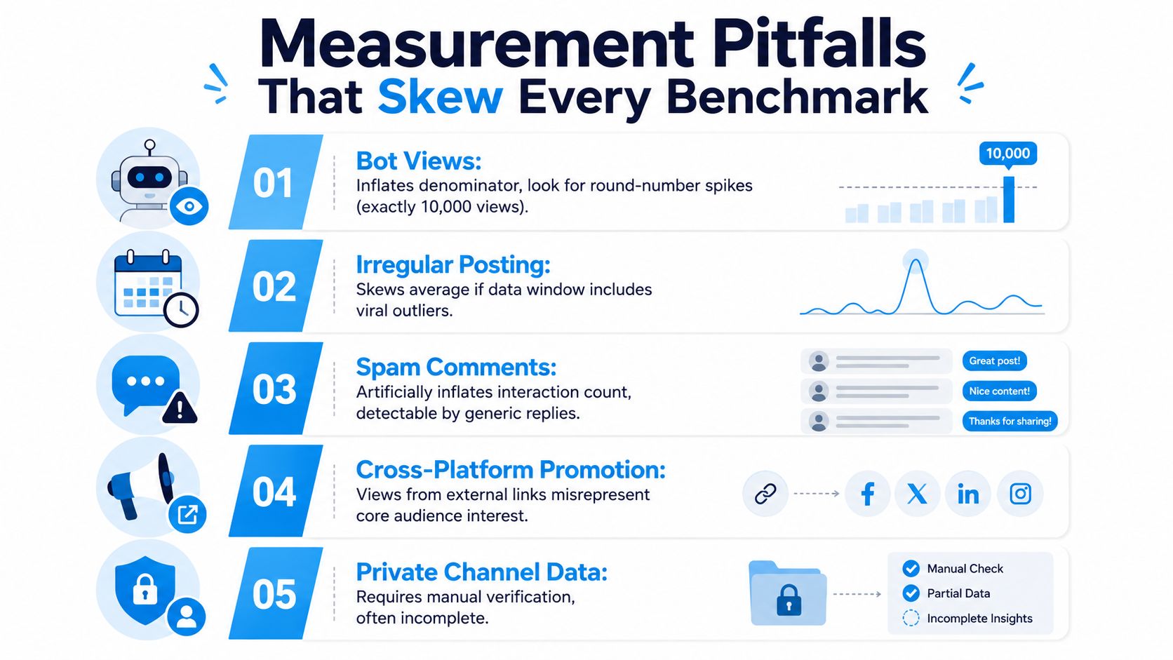 An infographic detailing five measurement pitfalls that skew marketing benchmarks, including bot views, irregular posting, and spam comments.