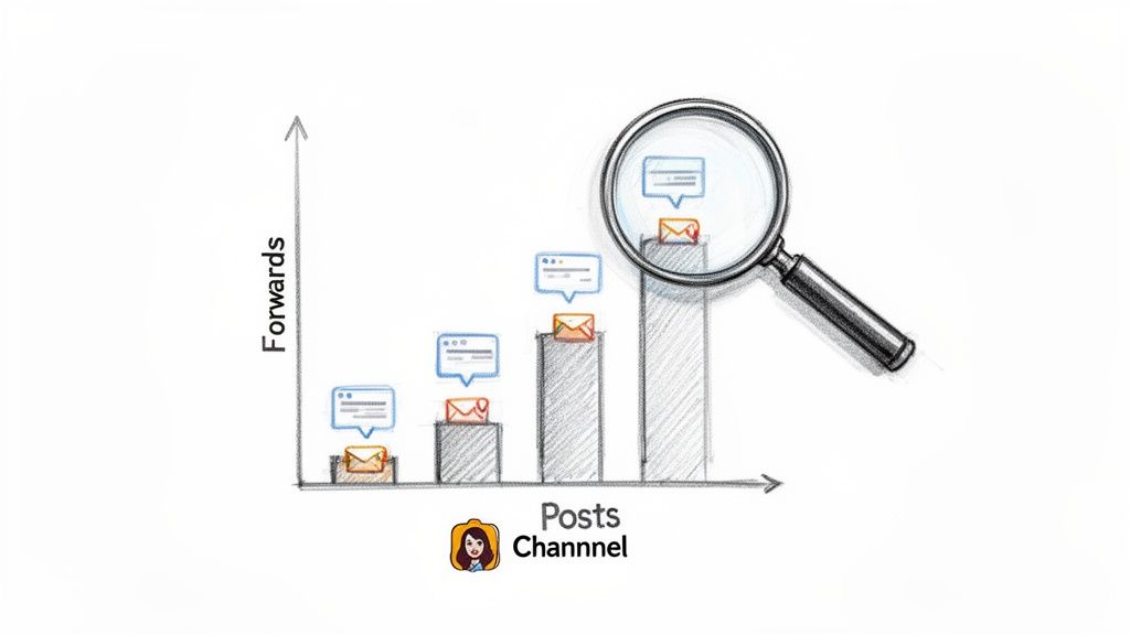 Hand-drawn bar chart showing message forwards increasing with posts, magnified for detailed analysis.