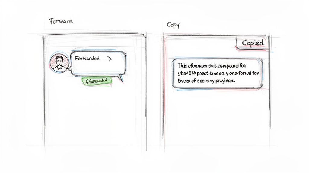 Sketches of a mobile UI showing message forwarding and copying features in a messaging app.